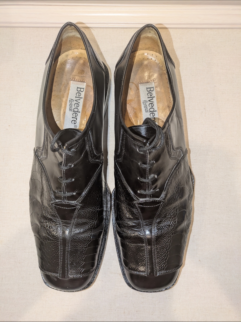 Belvedere Ostrich Leg Leather Dress Shoes Black Square Toe Oxford Mens 12